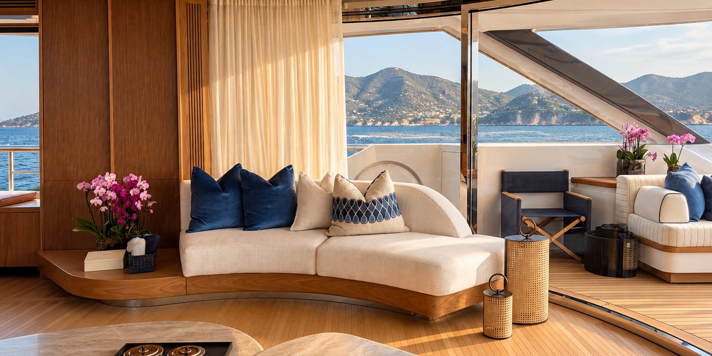 Main salon with a curved cream sofa, blue cushions and floor-to-ceiling windows over the coast